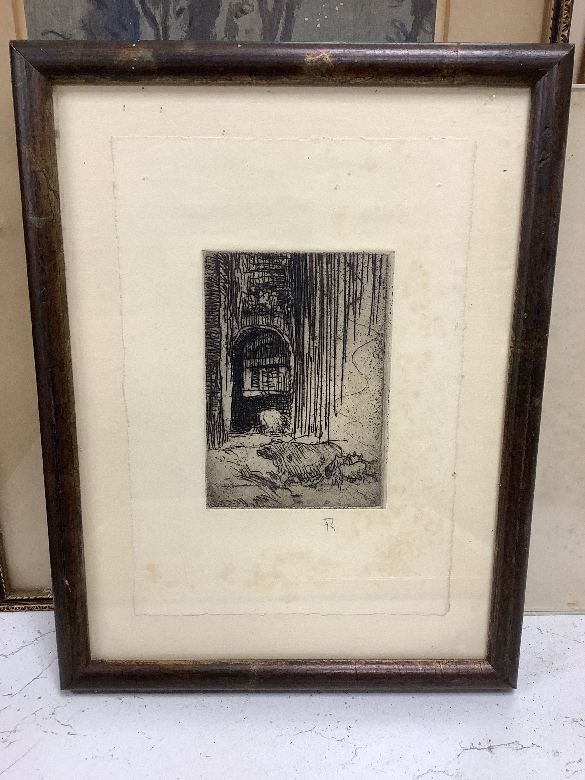 Frank Brangwyn, a collection of eight assorted prints and books; unsigned lithograph, Figures with bridge beyond, 30 x 22cm; etching, Physicians at the bedside, signed in pencil